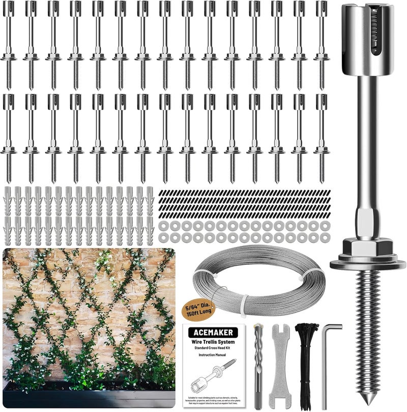 Acemaker Wire Trellis for Climbing Plants Outdoor, 30-Set Wall Wire Trellis Kit with 5/64"(2mm) x 150ft Stainless Steel Cable, T316 Espalier System for Fence and Garden DIY Projects - Image 1